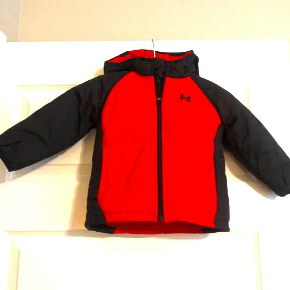 New UNDER ARMOUR Toddler Color Block Hooded Puffer Jacket Red\Black 18MO